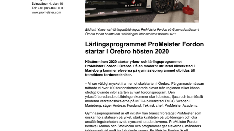 Lärlingsprogrammet ProMeister Fordon startar i Örebro hösten 2020