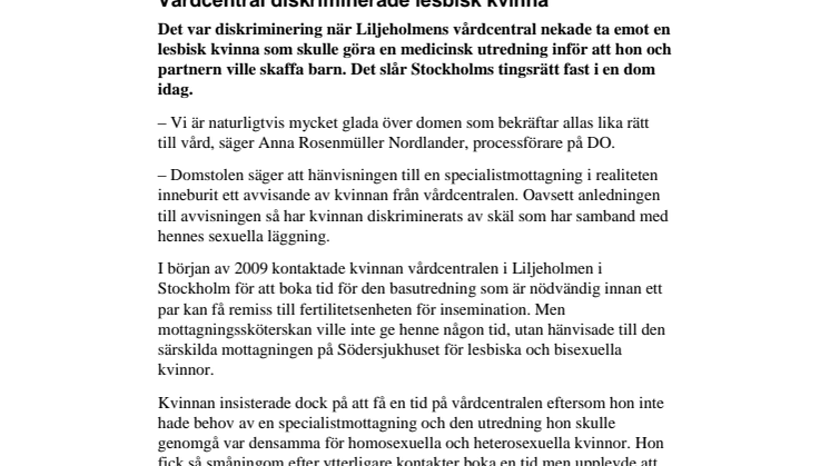 Dom i Stockholms tingsrätt: Vårdcentral diskriminerade lesbisk kvinna