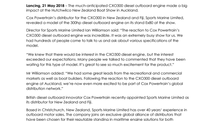 Cox Powertrain: Cox Powertrain’s 300HP Diesel Outboard Engine takes Centre Stage at New Zealand Boat Show