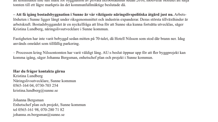 Byggrätt på Nilssontomten säljs till Sunnehus AB