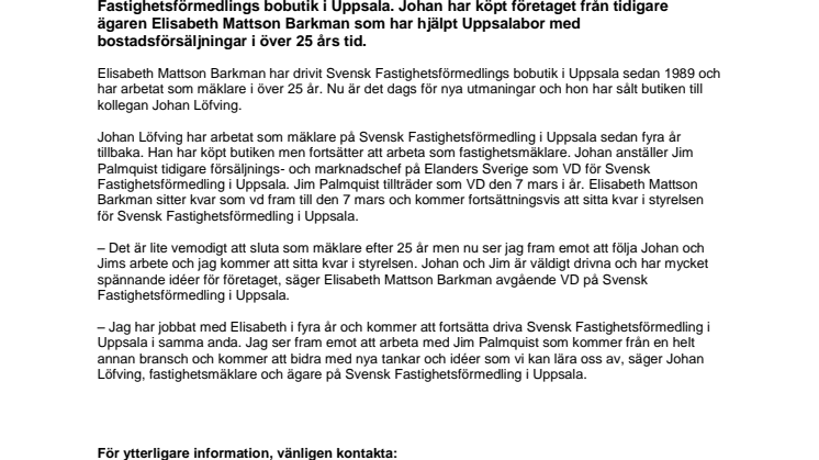 Ny ägare till Svensk Fastighetsförmedling i Uppsala och Knivsta