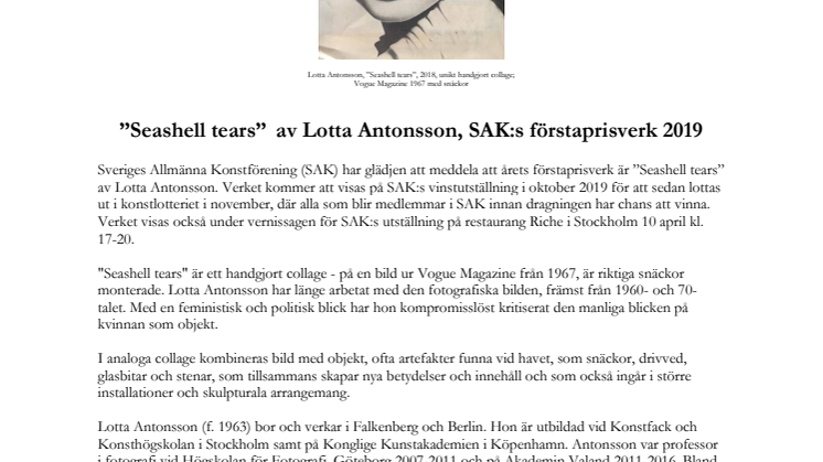 SVERIGES ALLMÄNNA KONSTFÖRENING – ”Seashell tears” av Lotta Antonsson är årets förstaprisverk