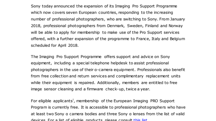 ​Sony inkluderer Norge i Imaging PRO Support-ordningen