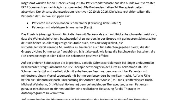 FPZ Studie: Berücksichtigung des Schmerzalters erleichtert die Erfolgsprognose einer Rückentherapie