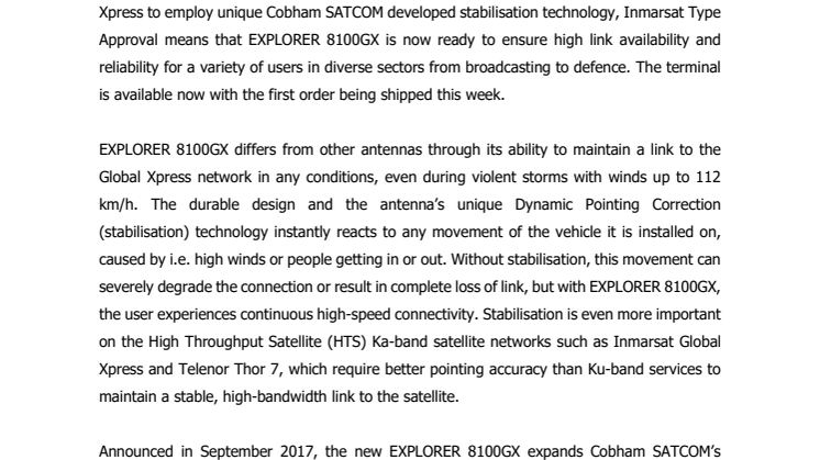 Cobham SATCOM: Unique Cobham Antenna Approved for Inmarsat Global Xpress 