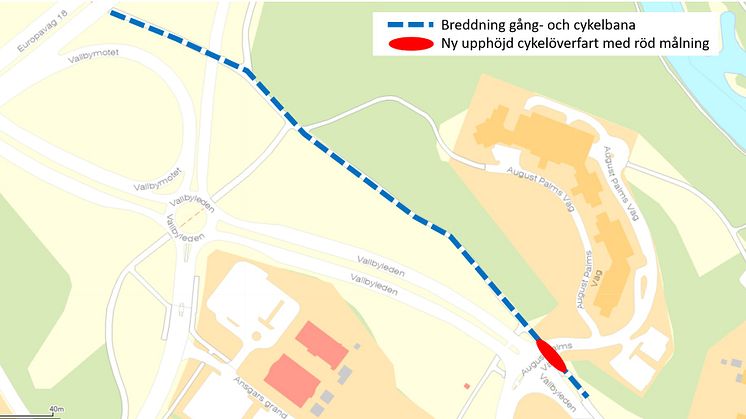 Vi förbättrar den befintliga gång- och cykelbanan vid Vallbyleden. Den blir fem meter bred och får ny asfalt. Vi kommer också att omvandla gång- och cykelpassagen vid August Palms väg till en cykelöverfart.