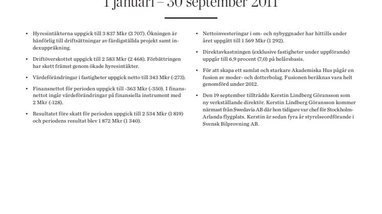 Delårsrapport 1 januari – 30 september 2011