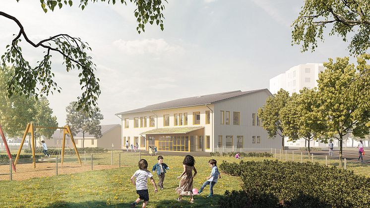 Bilden visar hur den nya förskolebyggnaden kommer att se ut. Bild: Sweco