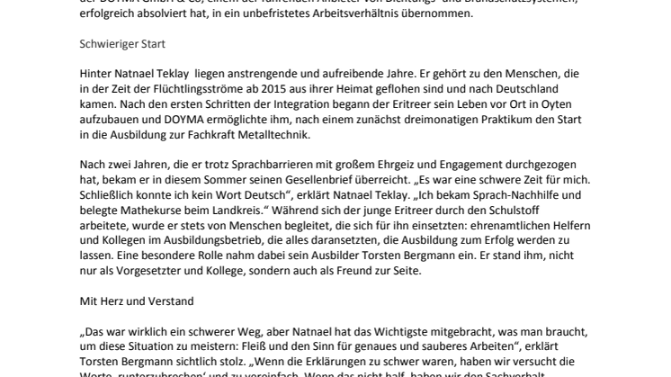 DOYMA-Pressemitteilung: Vom Geflüchteten zur Fachkraft bei DOYMA – eine Erfolgsgeschichte