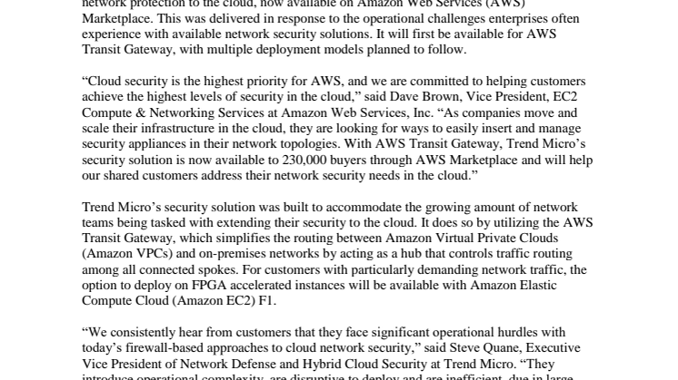 Trend Micro levererar molnsäkerhet exklusivt till Amazon Web Services Transit Gateway
