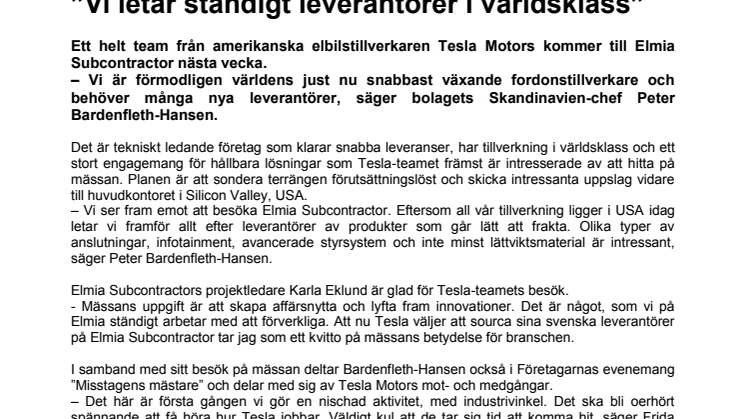 Tesla-team besöker Elmia Subcontractor: ”Vi letar ständigt leverantörer i världsklass”