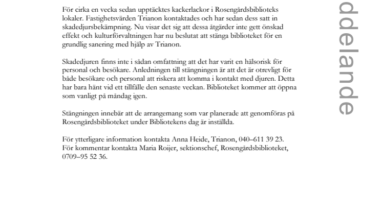 Rosengårdsbiblioteket stängs för sanering