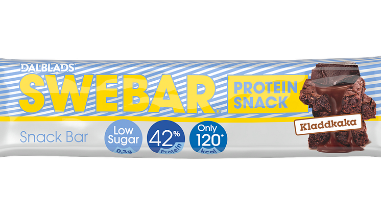 Swebar Snackbar Kladdkaka innehåller lika mycket protein som en proteinbar i originalstorlek, men bara 120 kalorier och 0,3 gram socker. En liten bar med stor smak!