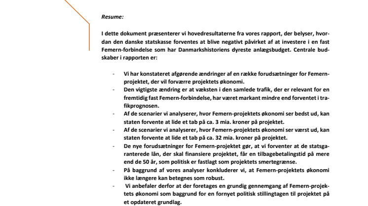 Sammenfatning – analyse af økonomiske konsekvenser af en fast Femern-forbindelse