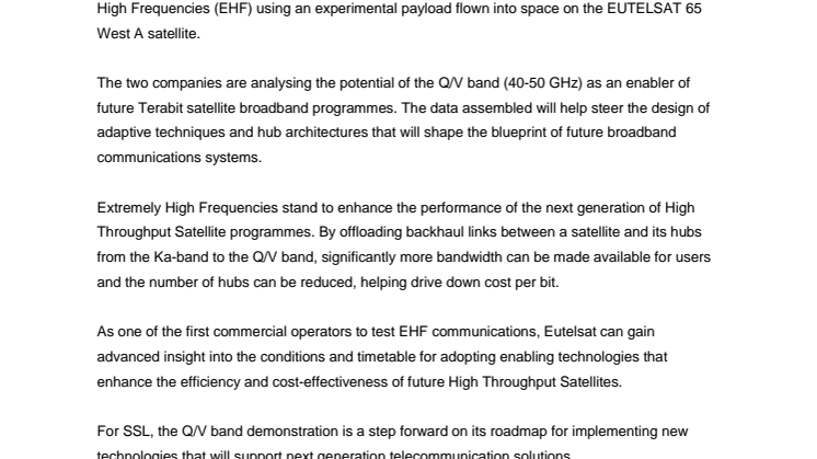 Eutelsat and Space Systems Loral test potential of Extremely High Frequencies (EHF) on EUTELSAT 65 West A as a blueprint for future broadband systems