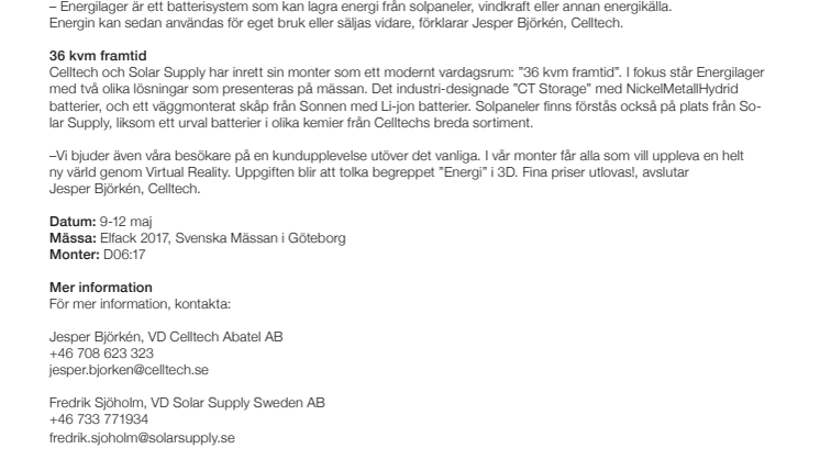 Celltech och Solar Supply lanserar Energilager på Elfack 2017
