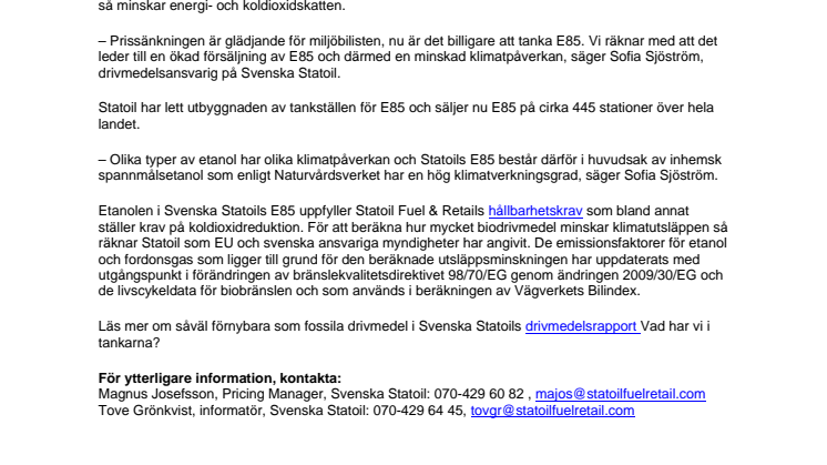 Statoil sänker priset på etanol E85 med 55 öre 