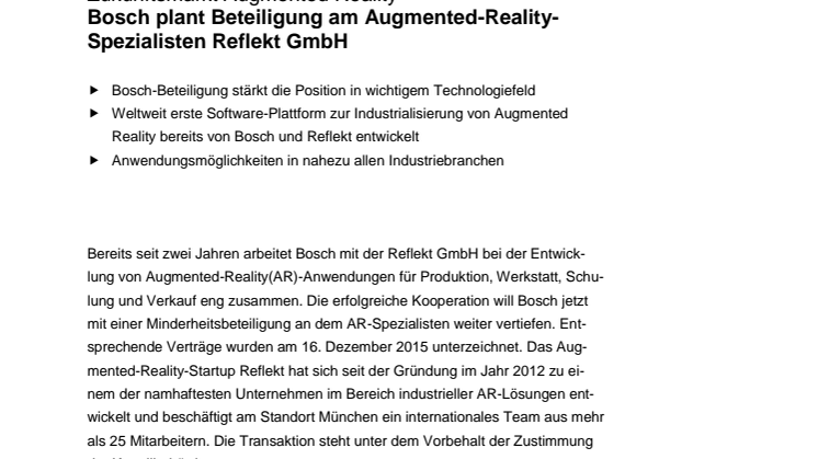 Bosch plant Beteiligung am Augmented-Reality-Spezialisten Reflekt GmbH