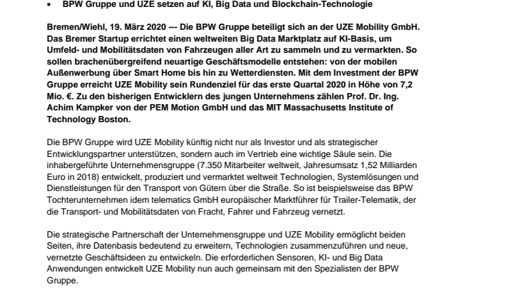 Marktplatz für Mobilitätsdaten: BPW Gruppe investiert in UZE Mobility – Rundenziel 1. Quartal 2020 von 7,2 Mio. € erreicht