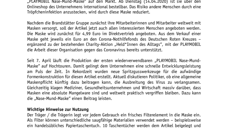 PLAYMOBIL bringt wiederverwendbare  „Nase-Mund-Maske“ auf den Markt