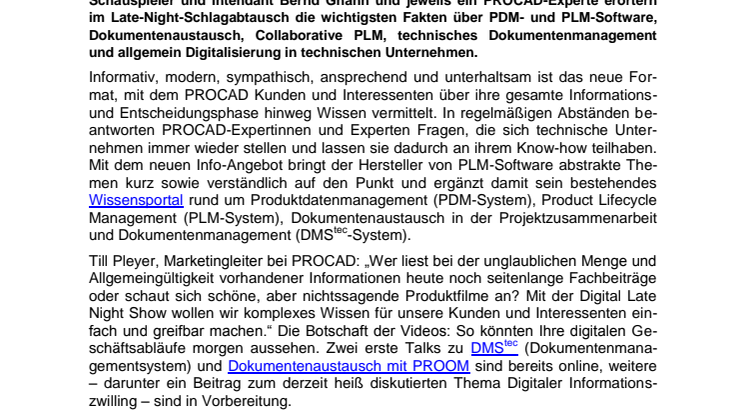 PROCAD-Late-Night-Show: Neues Format vermittelt Wissen rund um PLM, DMStec und Digitalisierung