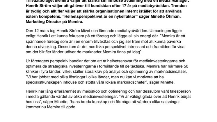 Memira satsar på egen Media Manager - Henrik Ström lämnar Carat efter 17 år.