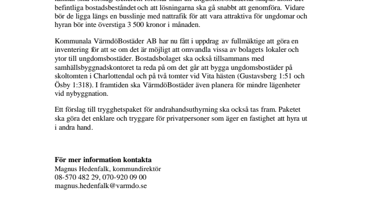 Åtgärder för fler ungdomsbostäder i Värmdö