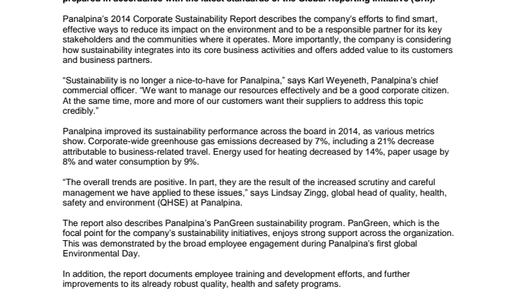 Panalpina highlights progress in 2014 Corporate Sustainability Report