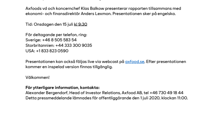 Inbjudan till presentation av Axfoods andra kvartal 2020