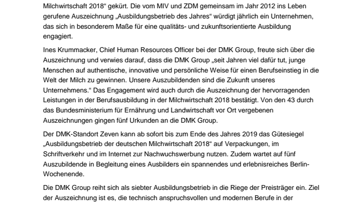 DMK-Standort Zeven ist der „Ausbildungsbetrieb der deutschen Milchwirtschaft 2018“!
