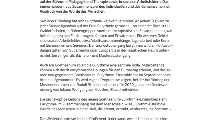«Lasst uns feiern – kommt, macht mit!». ​Am 24. September ist Welteurythmietag