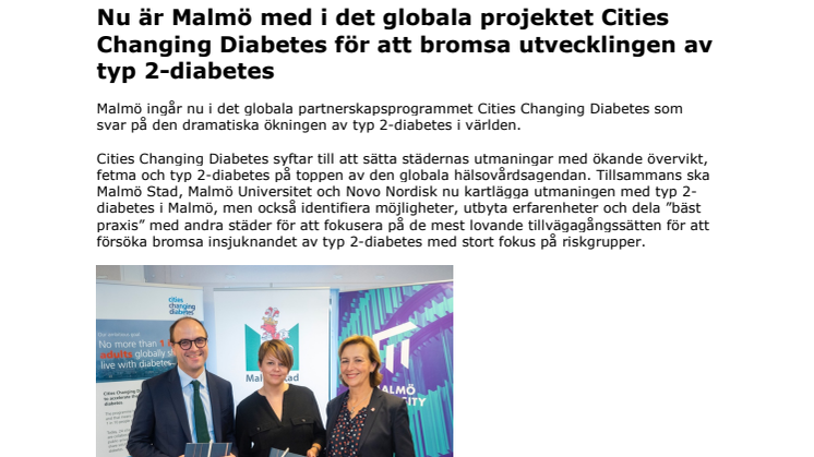 Nu är Malmö med i det globala projektet Cities Changing Diabetes för att bromsa utvecklingen av typ 2-diabetes