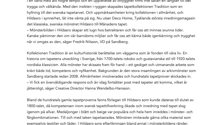 Europa uppmärksammar Sandberg Wallpapers tapet Hildasro 