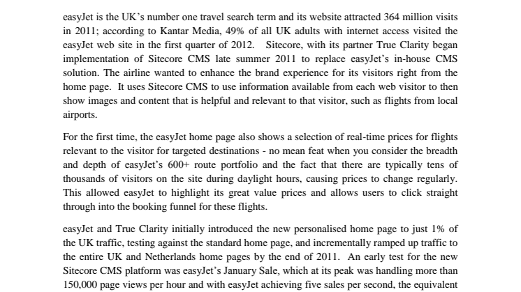 Sitecore helps easyJet deliver a personalised home page for each of its millions of web site visitors