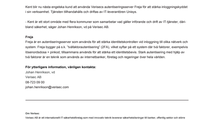 Verisec sluter avtal med engelska Kent