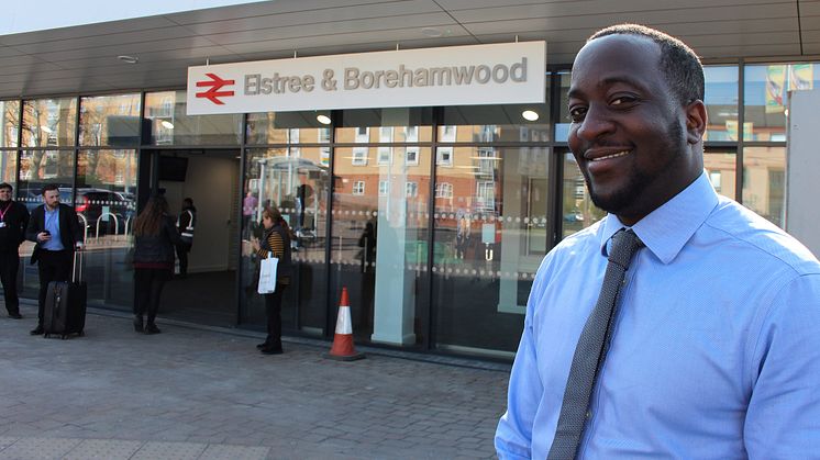 Station manager Marc Asamoah outside the newly completed extended concourse at Elstree & Borehamwood