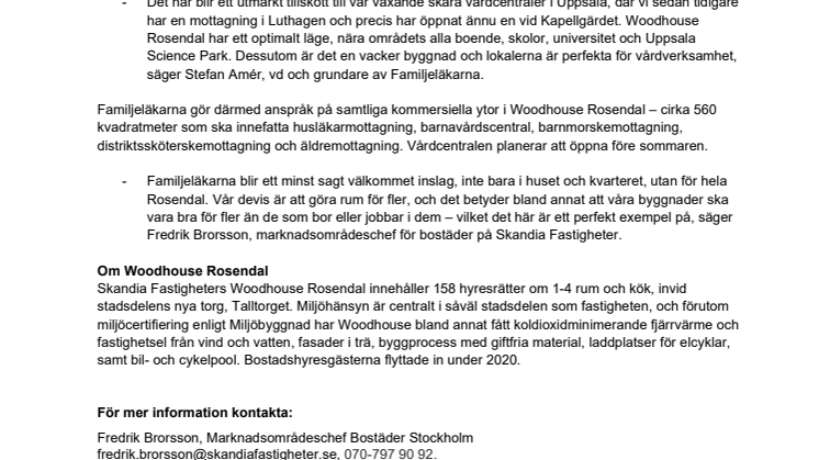 Familjeläkarna ska hålla Rosendal friskt i Skandia Fastigheters Woodhouse