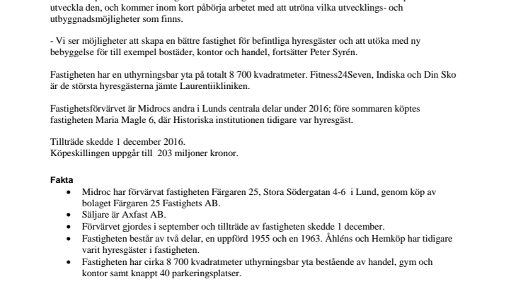Midroc förvärvar fastigheten Färgaren 25 i Lund 