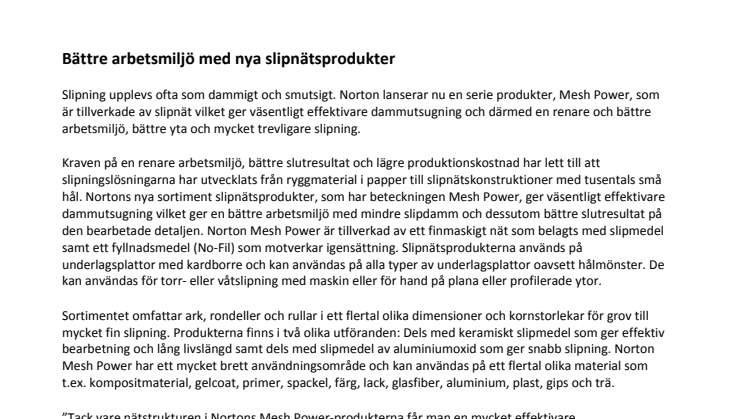 Bättre arbetsmiljö med nya slipnätsprodukter