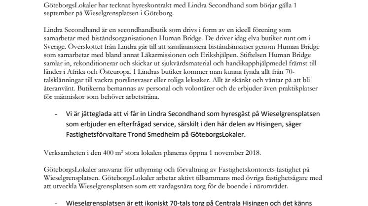 GöteborgsLokaler välkomnar Lindra Secondhand till Wieselgrensplatsen