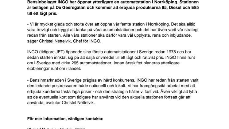 INGO har öppnat sin femte automatstation i Norrköping
