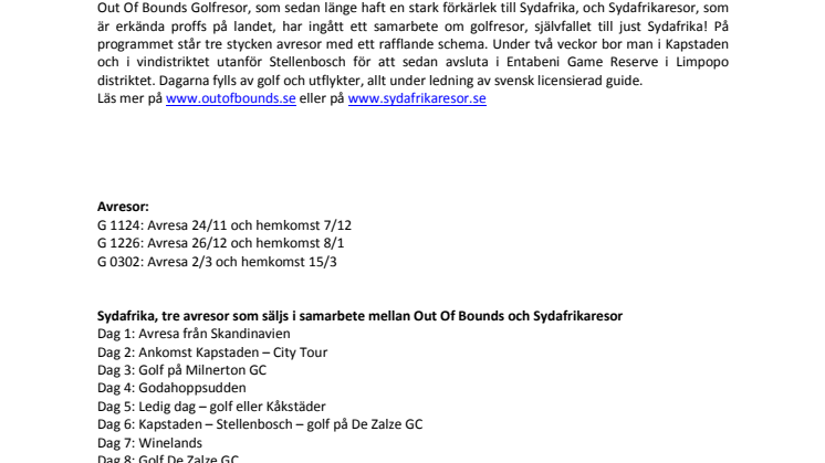 Out Of Bounds och Sydafrikaresor - program för golfresa