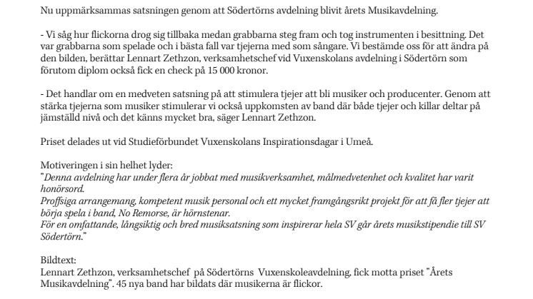 Tjejsatsning gav musikpris