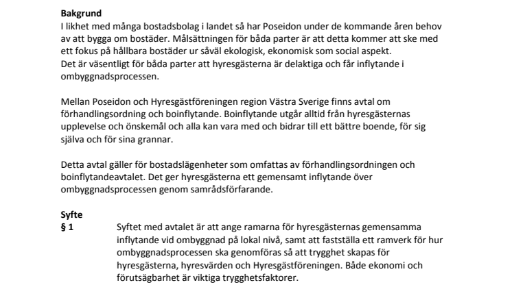 Avtal ombyggnation Poseidon och Hyresgästföreningen
