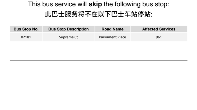 Bus Service 961 to skip a bus stop on 16 May 2014