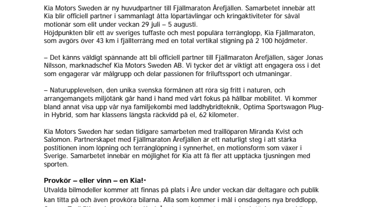 Kia ny huvudpartner till Fjällmaraton Årefjällen