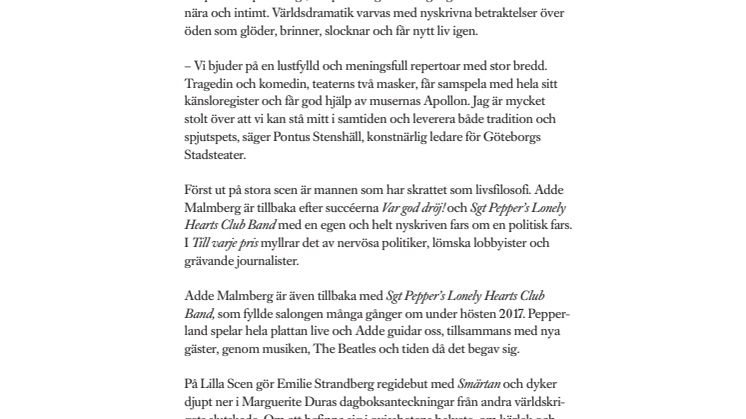 Göteborgs Stadsteater presenterar repertoaren för teateråret 2018-2019