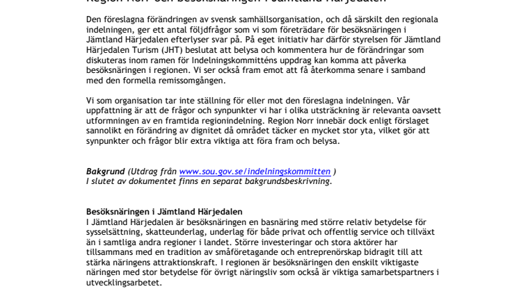 Besöksnäringens synpunkter angående Region Norr 