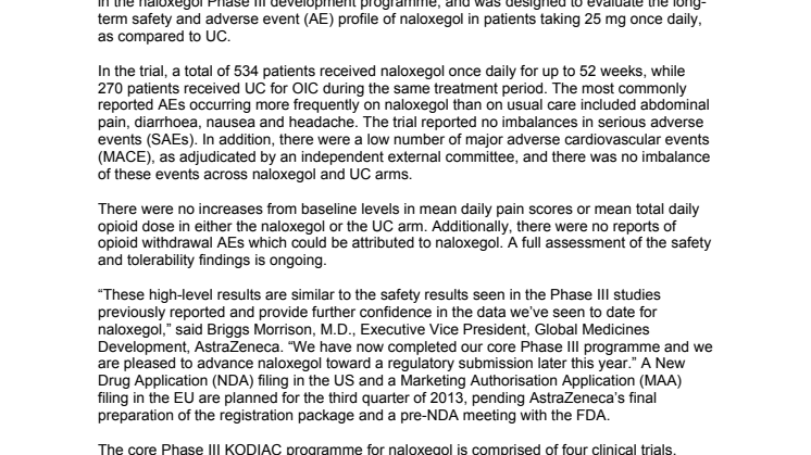 ASTRAZENECA ANNOUNCES RESULTS FROM LONG-TERM SAFETY TRIAL OF NALOXEGOL IN PATIENTS WITH OPIOID-INDUCED CONSTIPATION