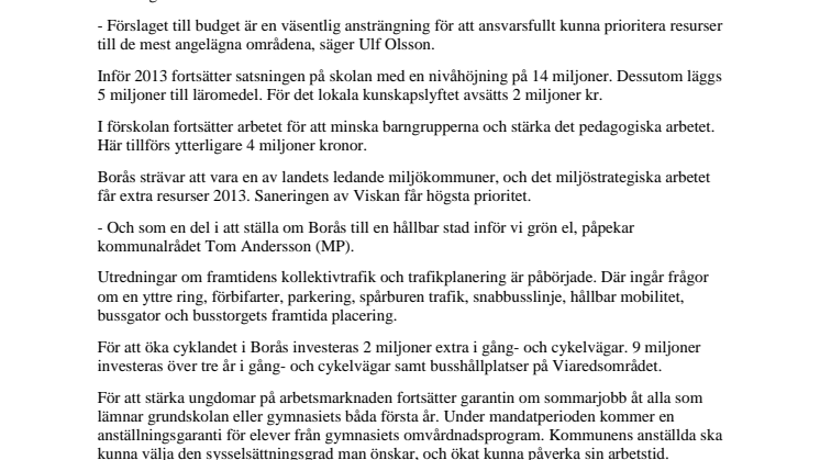 Borås Stads budget 2013: Kontroll och balans ger plats för satsningar